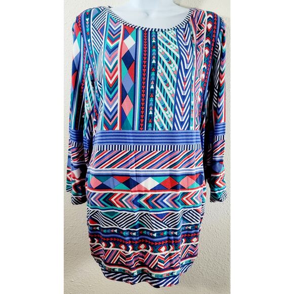 Ruby Rd. Blue Pink Arrow Geo Print Top XL Lightweight Ruched Side Seams Stretch - Picture 1 of 6